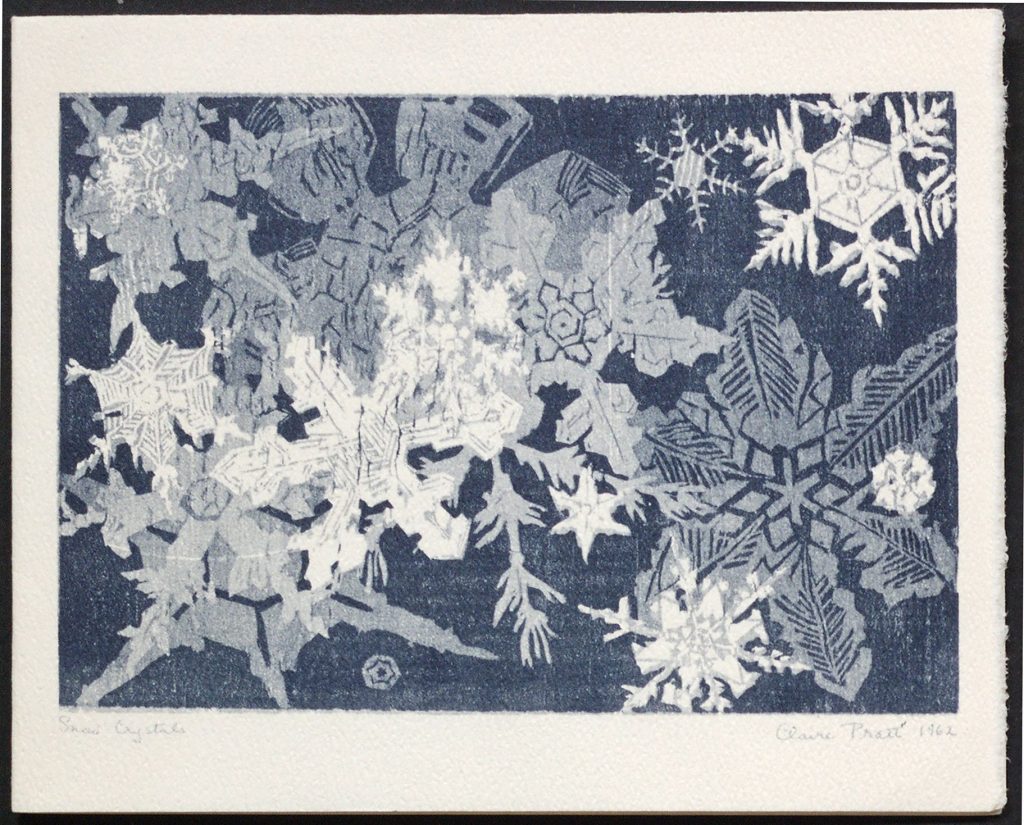 Pratt, E.J. Snowfall on a Battlefield. One-quarto Christmas greeting card. Verso illustrated with a wood engraving entitled “Snow Crystals” by Claire Pratt, titled, signed and dated. Inscribed: Christmas greetings | to the Hoenigers | from the Pratts | 5 Elm Avenue. Includes the text of the poem, “Snowfall on a Battle-Field,” originally published in Newfoundland Verse (Ryerson Press, 1923). Gift of F. David Hoeniger. E.J. Pratt collection.